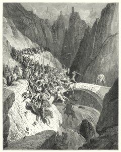 Gustave Dores Don Quixote: "Como Don Diego Garcia com a sua única força defendeu a passagem de uma ponte contra um grande exército" (gravura) de Gustave Dore