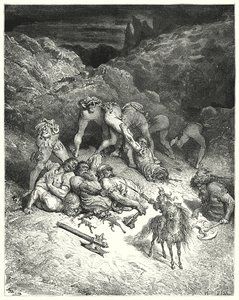 Gustave Dores Don Quixote: "Como Felixmarte cortou cinco gigantes pelo meio" (gravura) de Gustave Dore