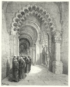 Gustave Dores Dom Quixote: "Vi uma procissão lúgubre das mais belas donzelas, todas de preto" (gravura) de Gustave Dore