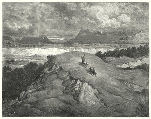 Gustave Dores Dom Quixote: "Era noite antes dos nossos dois viajantes chegarem à parte mais deserta da montanha" (gravura) de Gustave Dore