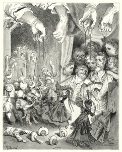 Gustave Dores Dom Quixote: "Observe o que uma vasta companhia de cavalos brilhantes vem derramando fora da cidade, em busca dos amantes cristãos" (gravura) de Gustave Dore