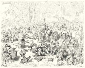 Gustave Dores Dom Quixote: "O pobre Sancho seguiu o seu mestre com um coração pesado" (gravura) de Gustave Dore