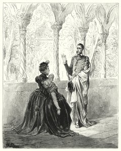 Gustave Dores Dom Quixote: "Orai, meu Senhor Dom Quixote, retirai-vos, porque esta pobre criatura jovem não virá a si mesma enquanto estiverdes por vós" (gravura) de Gustave Dore