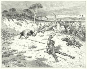 Gustave Dores Dom Quixote: "Sancho, eu sempre ouvi dizer, que fazer uma gentileza aos palhaços, é como jogar água no mar" (gravura) de Gustave Dore