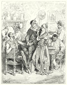 Gustave Dores Dom Quixote: "Sancho e seu mestre ficaram três dias com um jovem casal e se divertiram como príncipes" (gravura) de Gustave Dore