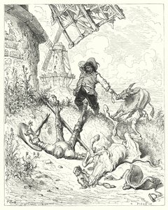 Gustave Dores Don Quixote: "Sancho correu o mais rápido que pôde, para ajudar o seu mestre" (gravura) de Gustave Dore