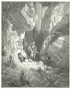 Gustave Dores Dom Quixote: "A primeira coisa que ele encontrou foi a corrente de ar bruta de um soneto; então ele leu-o em voz alta" (gravura) de Gustave Dore