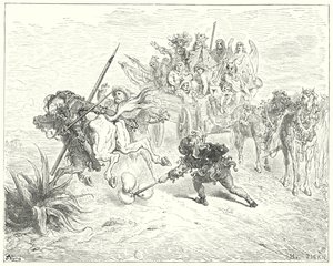 Gustave Dores Don Quixote: "O idiota da peça surgiu a tocar com os seus sinos morrice" (gravura) de Gustave Dore