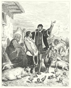 Gustave Dores Dom Quixote: "O cavaleiro fez-lhe tantas promessas justas, que finalmente o pobre palhaço consentiu em ir com ele e tornar-se seu escudeiro" (gravura) de Gustave Dore