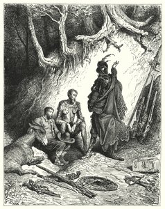 Gustave Dores Dom Quixote: "Os escudeiros deixaram Dom Quixote, Roque e Sancho à espera do seu regresso" (gravura) de Gustave Dore