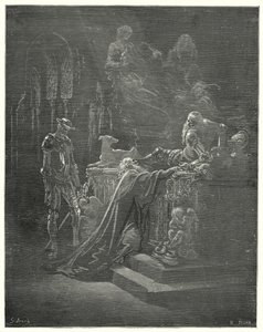 Gustave Dores Dom Quixote: "O venerável Montesinos caiu de joelhos diante do aflito cavaleiro" (gravura) de Gustave Dore
