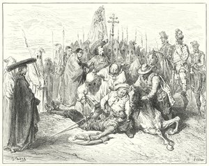 Gustave Dores Dom Quixote: "Os acentos woful da voz do escudeiro são finalmente chamados Dom Quixote para si mesmo" (gravura) de Gustave Dore