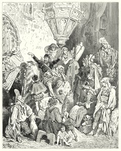 Gustave Dores Dom Quixote: "Não havia aquele país sobre a face da terra que ele não tivesse visto, nem uma batalha em que ele não tivesse estado envolvido" (gravura) de Gustave Dore