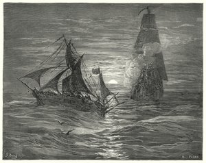 Gustave Dores Dom Quixote: "Eles estando sob o vento, dispararam duas armas contra nós" (gravura) de Gustave Dore