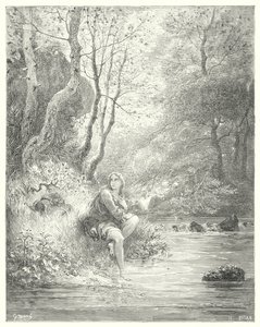 Gustave Dores Dom Quixote: "Espiaram um jovem de hábito campestre, sentado aos pés de uma rocha atrás de um freixo" (gravura) de Gustave Dore