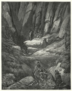 Gustave Dores Dom Quixote: "Eles continuaram por cerca de três quartos de uma liga, e depois entre as rochas espiaram Dom Quixote, que por esta altura já tinha vestido as suas roupas, embora não a sua armadura" (gravura) de Gustave Dore