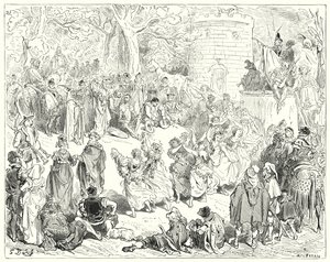 Gustave Dores Don Quixote: "Eles foram conduzidos por um velho reverendo e uma mulher matriarcal" (gravura) de Gustave Dore
