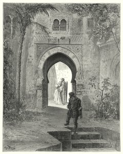 Gustave Dores Dom Quixote: "Zoraida, mostrando problemas na aparência, foi embora com seu pai" (gravura) de Gustave Dore