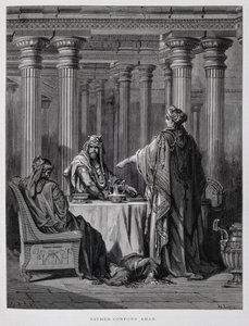Hamã denunciado pela rainha Ester, ilustração da Bíblia de Dore de Gustave Dore