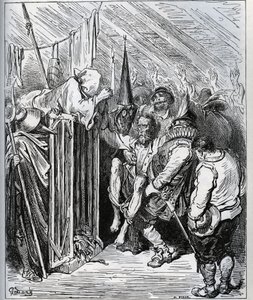 Como se livrar do Dom Quixote. As pessoas da loja do hotel decidiram prendê-lo fazendo-o acreditar num novo encantamento e num novo teste de cavalheirismo - de "Don Quixote de la Mancha" de Miguel Cervantes (1547-1616) (Don Quixote) - Lenhador depois de de de Gustave Dore
