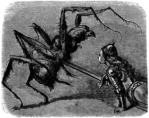 Ilustração de Gustave Dore (1832-1883) para o livro de Ernest Lepine "La legende de Croquemitaine" (1863) - Perante esta imagem de luta com a espada contra um gigantesco araignee, não podemos deixar de pensar na batalha de Frodo e Aragne em Tolkien de Gustave Dore