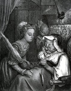 Ilustração de Gustave Dore para um conto de Charles Perrault: A Bela Adormecida. A princesa vai picar-se no rabo de gato de uma velha que foge no fuso. de Gustave Dore