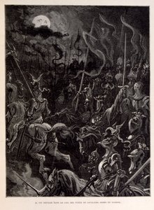 Ilustração de cavaleiros em batalha durante uma noite de luar. de Gustave Dore