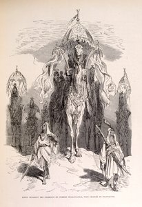 Ilustração de um comboio de camelos orientais com criados e carruagem. de Gustave Dore