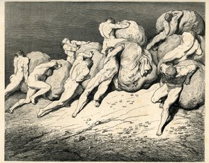 No quarto círculo do Inferno, presidido por Plutão (Hades), os Avares e os Prodígios transportam e rolam pesados fardos (pedras), chocando com a cólera. Gravura de O Inferno de Dante Alighieri (a Divina Comédia) ilustrada por Gustave Dore. Francês e de Gustave Dore