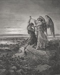 Jacó Lutando com o Anjo, Gênesis 32: 24-32, ilustração da "Bíblia Sagrada" de Dore, gravada por Laplante, 1866 de Gustave Dore