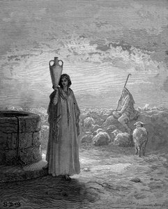 Jacó, mantendo os rebanhos de Labão, vê Raquel no poço, 1866 de Gustave Dore