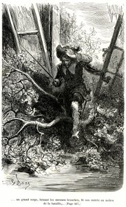 Jacquemin Lampourde, com a arma na mão, chegou a um ponto da batalha. Gravura de Gustave Dore ilustrando o romance picaresco de capa e espada de Theophile Gautier "Le capitaine Fracasse", edição Charpentier 1863. de Gustave Dore