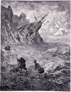 Je traverse les mers... planche X - Ilustração de Gustave Dore (1832-1883), para La legende du Jeif vagueando por Pierre Dupont, edição Librairie du magasin pitoresco, Paris 1862 de Gustave Dore