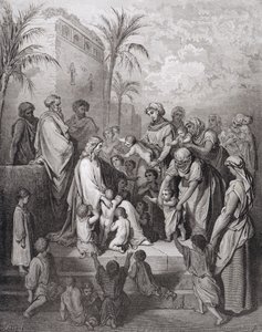 Jesus Abençoando as Crianças, gravado por Stephane Pannemaker (1847-1930) c.1868 de Gustave Dore