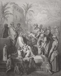 Jesus abençoando as crianças, ilustração da "Bíblia Sagrada" de Dore, gravada por Pannemaker, 1866 de Gustave Dore