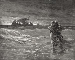 Jesus andando no mar, João 6: 19-21, ilustração da "Bíblia Sagrada" de Dore, gravada por Pisan, 1866 de Gustave Dore