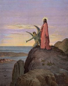 Jesus no deserto, sujeito à tentação do diabo - A tentação de Cristo - Satanás tentou Jesus - gravura de Gustave Dore - coloração posterior de Gustave Dore