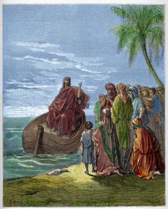 Jesus pregando no Lago Genezareth (Genesaré, Ginosar ou Kinneret) (Lago Tiberiad) (Mar da Galileia) - Jesus pregando no Mar da Galileia - - Gravura em "A ilustração bíblica" de Gustave Dore (1832-1883) - Gravura em "A Bíblia Dore de Gustave Dore