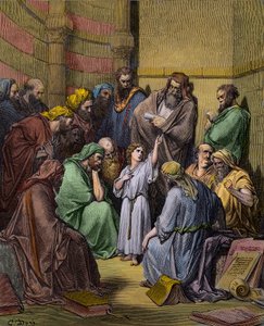 Jesus com os Doutores no Templo - Jesus no Templo entre os Doutores - gravura de Gustave Dore (1832-1883) - coloração posterior de Gustave Dore