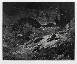Jonas ejectado para terra firme pela baleia, Ilustração da Bíblia de Dore de Gustave Dore