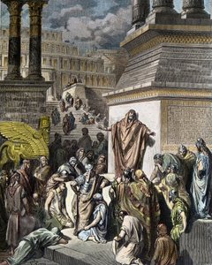 Jonas exorta os ninivitas a fazer penitência - Jonas incentiva os ninivitas a fazer penitência - ilustração da "Bíblia Sagrada" de Gustave Dore, gravada por Pannemaker de Gustave Dore
