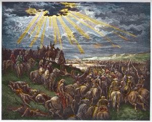 Josué Comandando o Sol a Ficar Quieto - Josue arrete le soleil - gravura em "The Bible illustree" de Gustave Dore (1832-1883) - Gravura de "The Dore Bible" de Gustave Dore