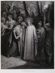 Judas trai Jesus com um beijo; Ilustração da Bíblia de Dore de Gustave Dore