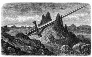 A "Brecha de Roland", a montanha dividida por Durandal, a espada dos heróis: gravura de Gustave Dore ilustrando o livro "Voyage aux Pyrenees" de Hippolyte Taine, Hachette 1860. de Gustave Dore