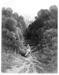 Lancelot se aproxima do Castelo de Astolat, ilustração de &39;Idylls of the King&39; de Alfred Tennyson (lito) de Gustave Dore