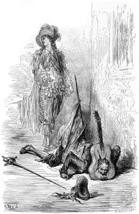 Leandre acabou de esmagar uma guitarra na cabeça do Matamore, ilustração para o "Capitão Fracass". de Gustave Dore