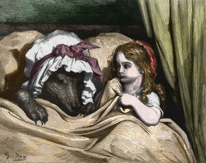 O Capuchinho Vermelho e o Lobisomem não gostam como a avó. Ilustração de Gustave Dore de Gustave Dore