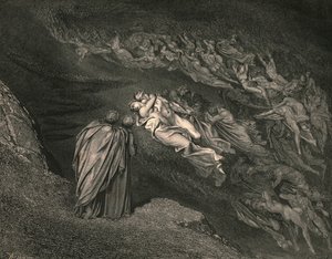O amor nos levou a uma morte: Caina espera a alma, que dividiu nossa vida, c1890. de Gustave Dore