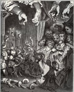 O espectáculo de marionetas de Maese Pedro - de "Don Quixote de la Mancha" de Miguel Cervantes (1547-1616) (Don Quixote) - Lenhador após desenho de Gustave Dore de Gustave Dore