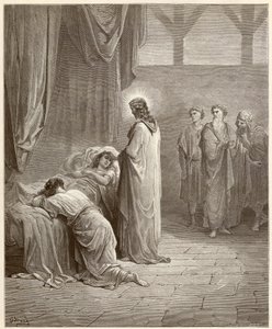 Milagre: Jesus Cristo curou a filha de Jaire (Jairus ou Jairos). Gravura da Bíblia ilustrada por Gustave Dore (1832-1883) de Gustave Dore